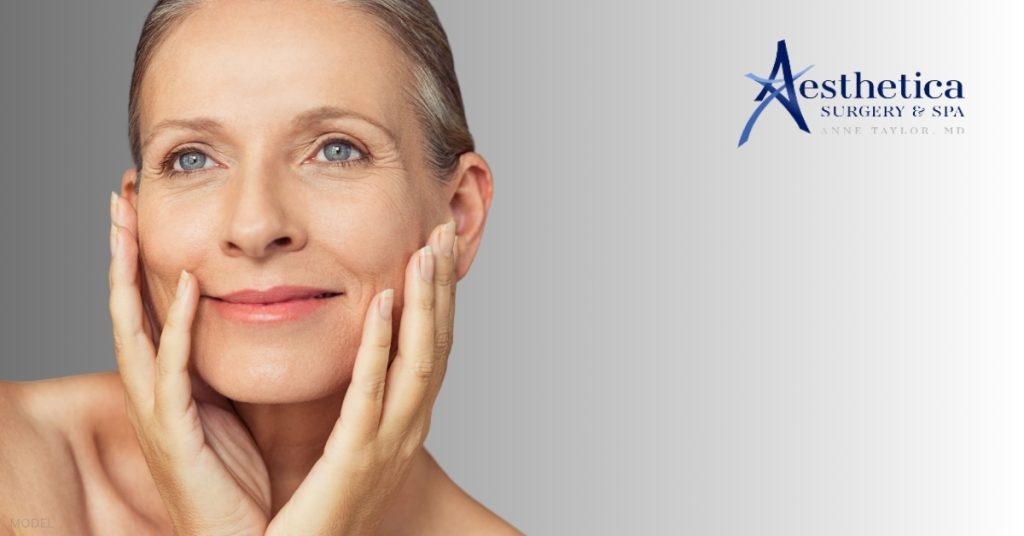 Woman with a refreshed appearance, representing eyelid surgery results (model) Aesthetica Surgery & Spa Logo
