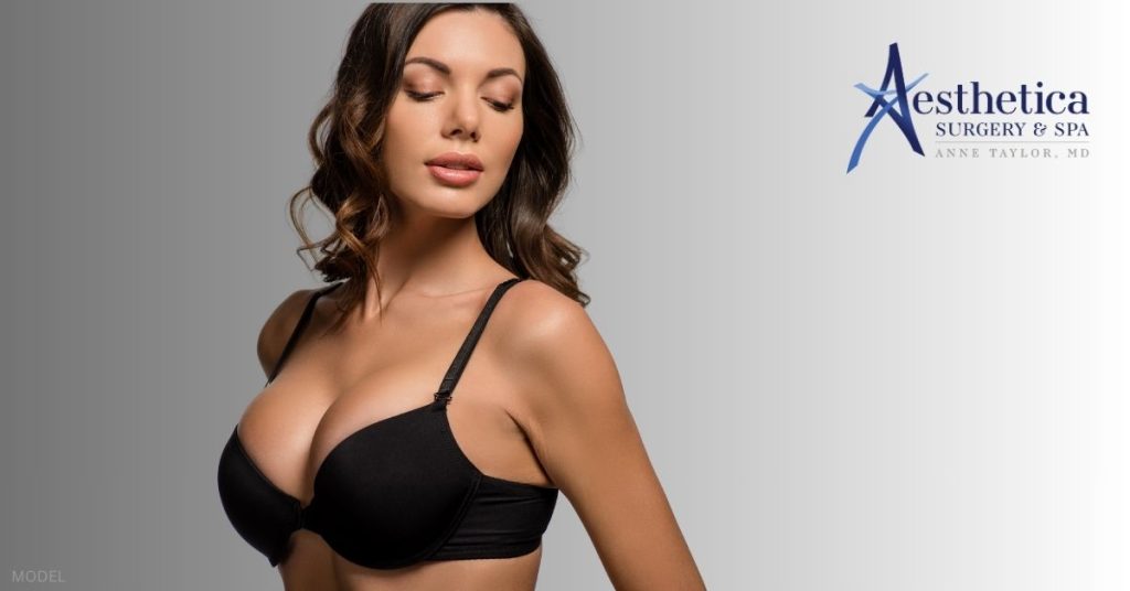 A woman in a black bra. (Model)